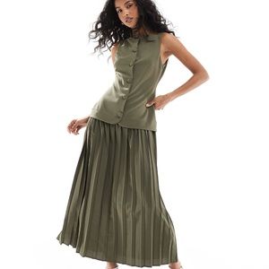 Asos design button down pleated skirt midi dress in khaki